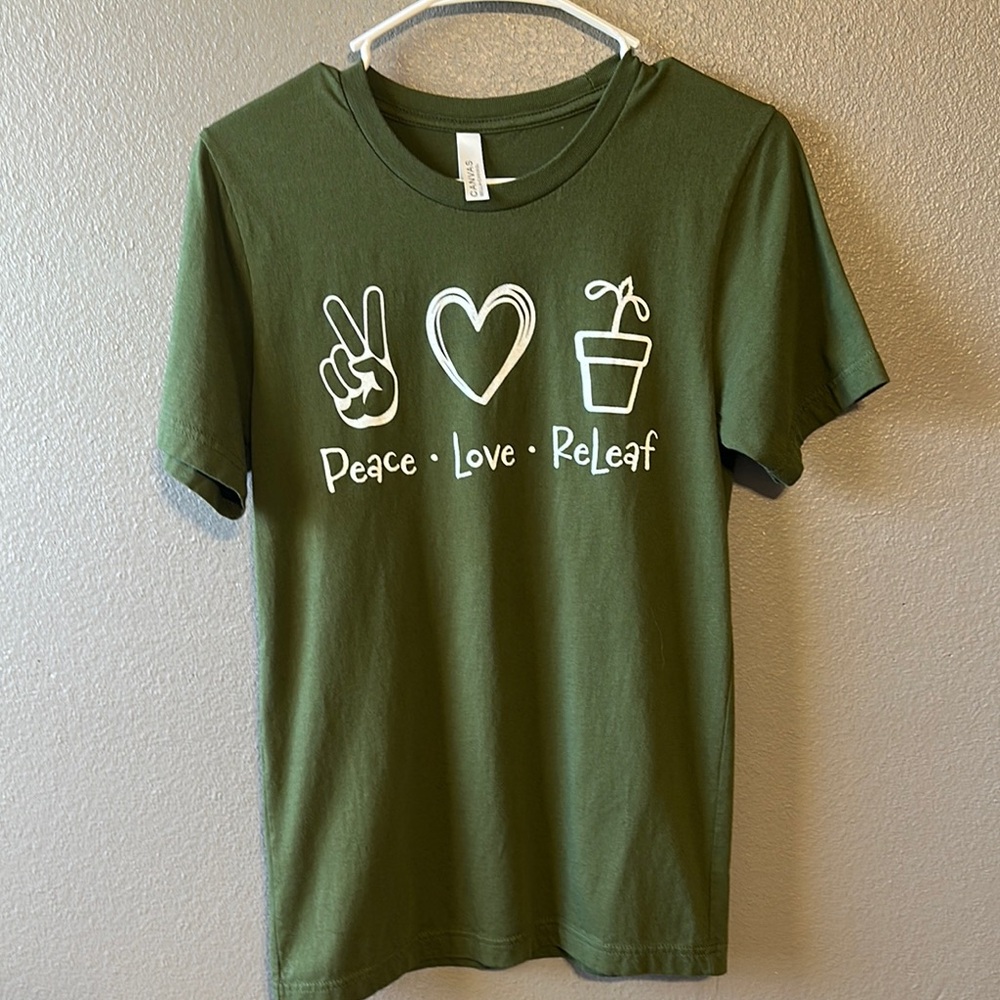 Green Graphic Tee with Peace Love Releaf Design